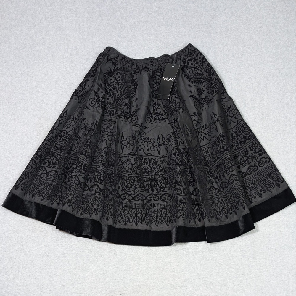 MSK Midi Swing Skirt Womens Large Velvet Flocked Black Boho Whimsigoth Witch NEW